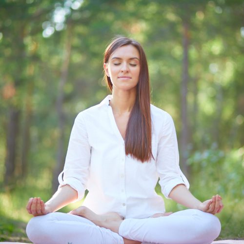 Portrait of calm woman sitting in pose of lotus in natural environment